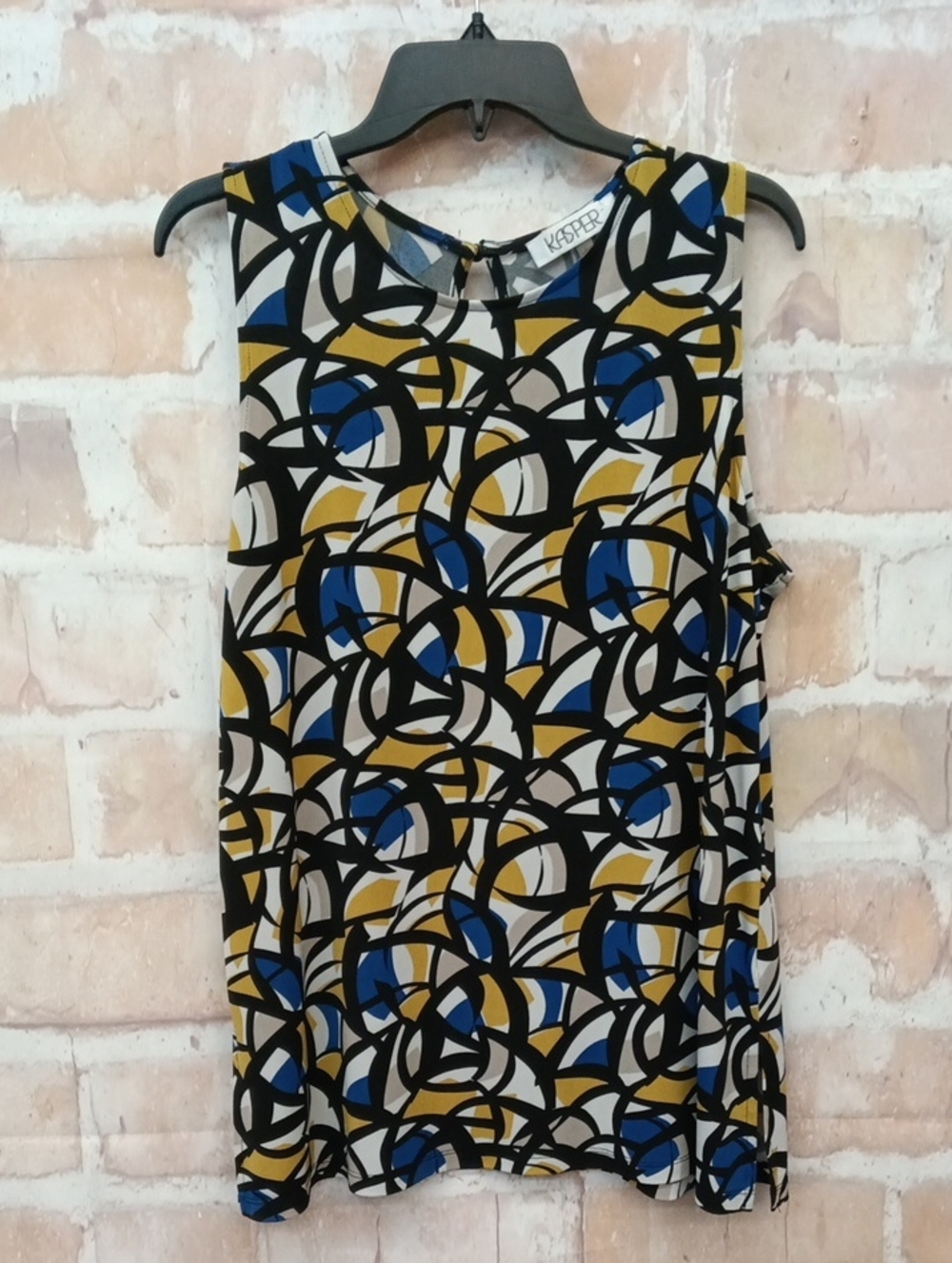 Kasper Sleeveless Geometric Print Camisole in Blue, Mustard & Black